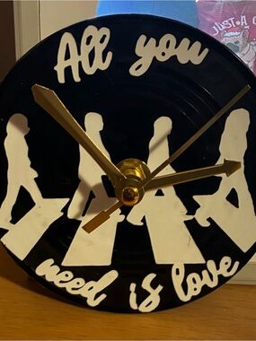 Handmade “All You Need Is Love” Mini Black & White Vinyl Wall Clock - 6 in.